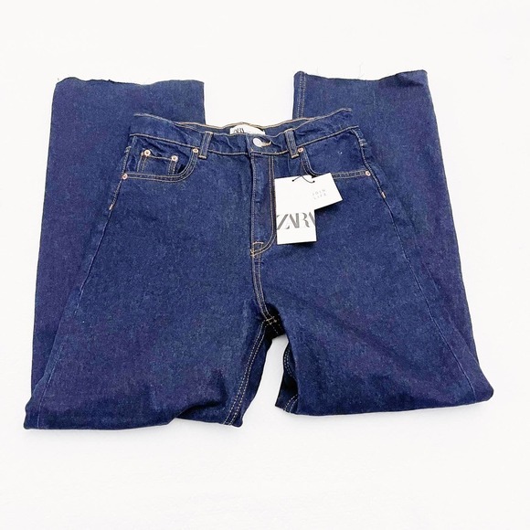 Zara High Rise Wide Leg Dark Wash Denim Jeans Raw Hem SZ6 NWT - Picture 6 of 9